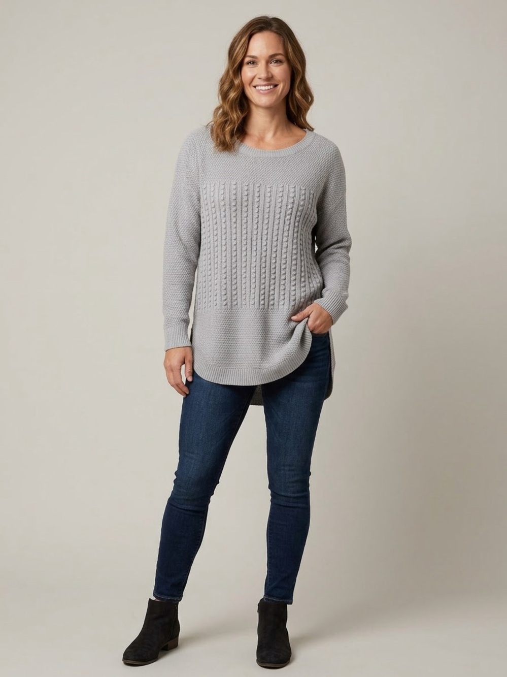 RW&CO. Light Gray Cable-Front Scoopneck Tunic Sweater